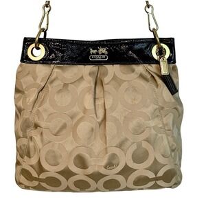 Coach Madison Large Op Art Sateen Hippie Bag Beige Jacard Brown Patent Leather